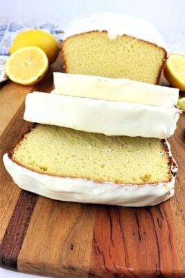 Keto lemon pound cake with cascading slices