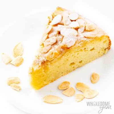 Keto almond flour cake on a white plate