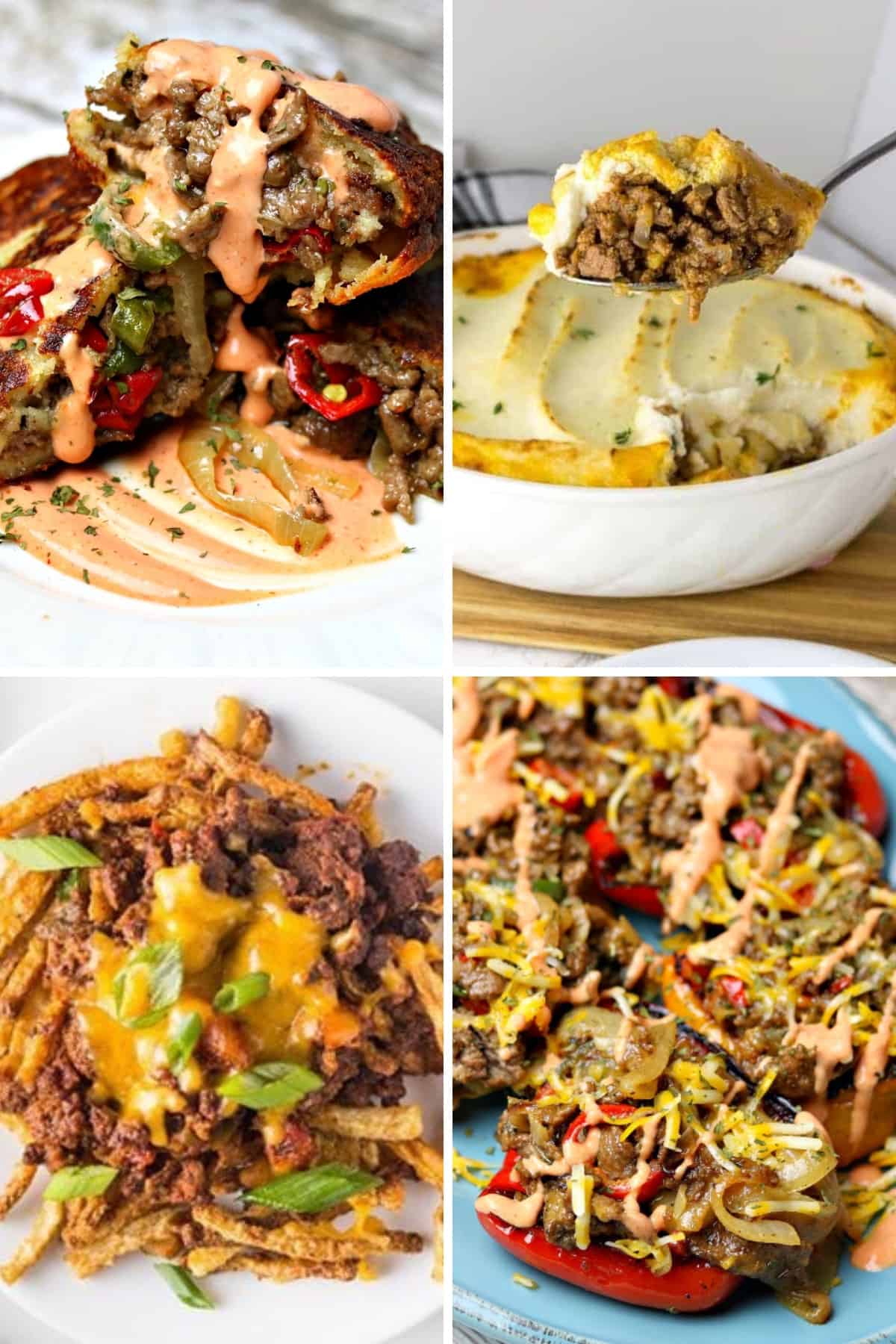 keto ground beef recipes like cheesesteak stuffed peppers, chili cheese keto tries, keto shepherd's pie