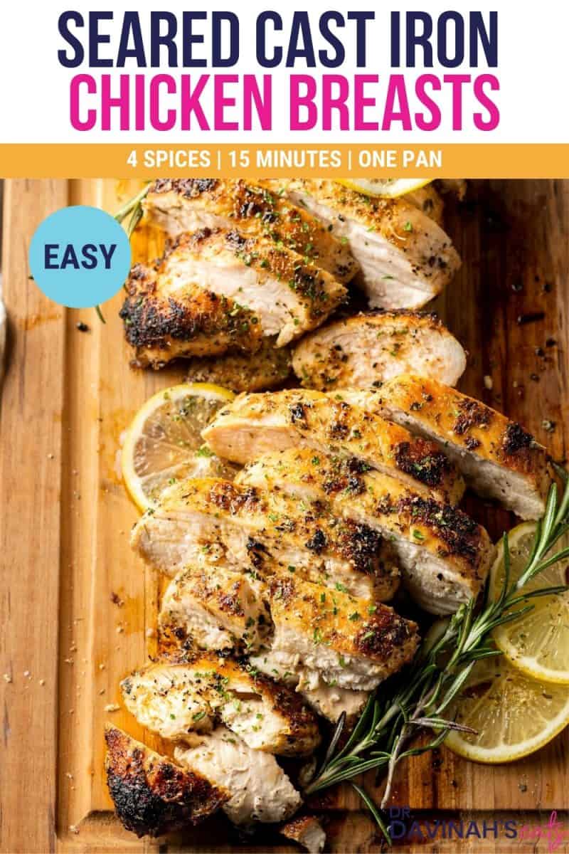 seared chicken breasts on a cutting board with the words four spices, fifteen minutes, easy and one pan