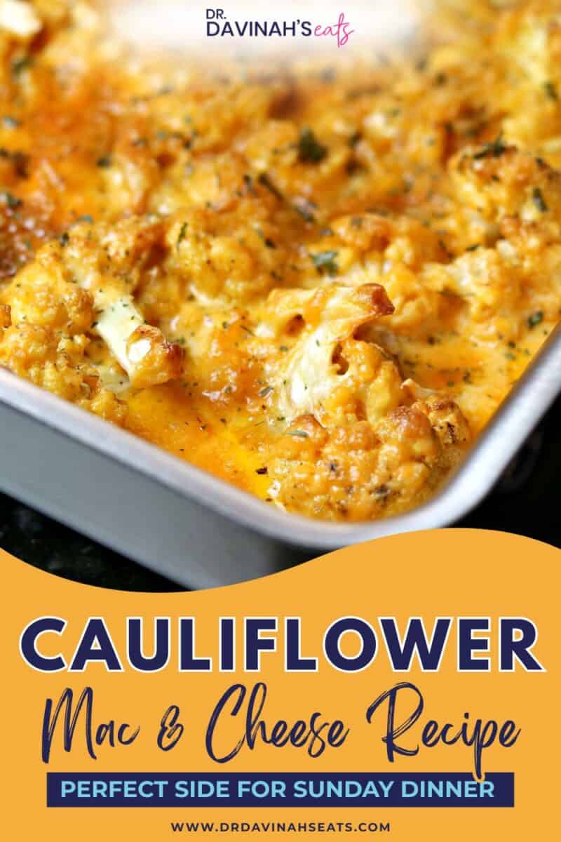 creamy cauliflower mac and cheese recipe with text that says perfect for sunday dinner
