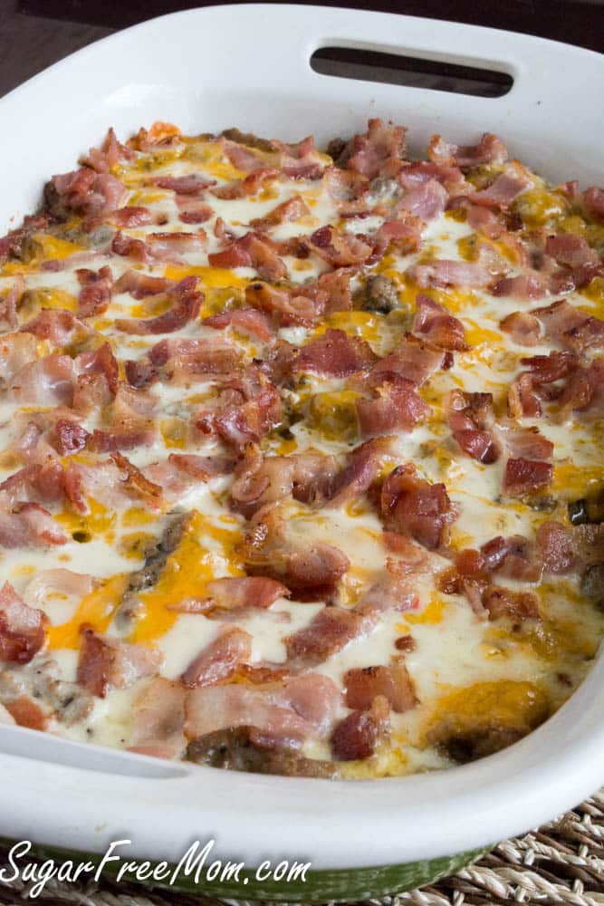 A casserole dish filled with Bacon Cheeseburger Casserole