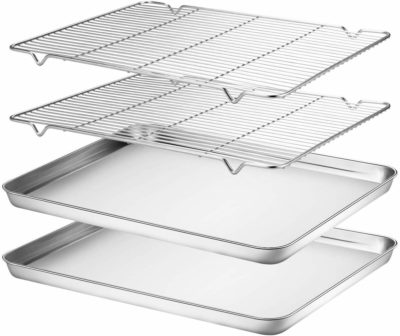 Two baking sheet pans with cooling racks