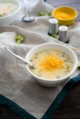 Instant Pot Keto Chicken Soup With Broccoli in a white bowl