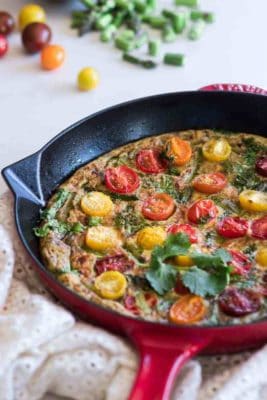 Tomato Asparagus Frittata in a skillet