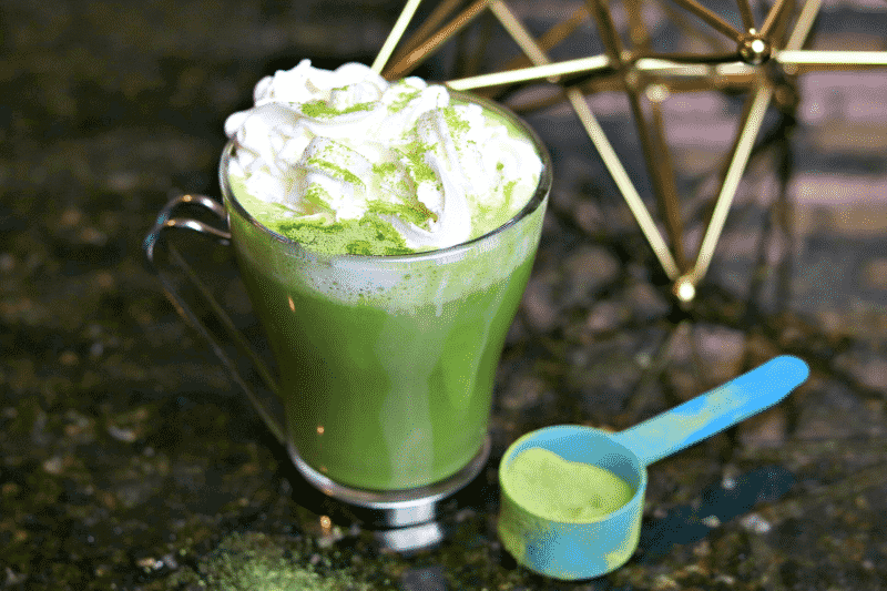 Keto Bulletproof Matcha Latte recipe with a scoop of matcha powder