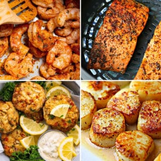 keto shrimp, salmon, scallops, and crab cakes