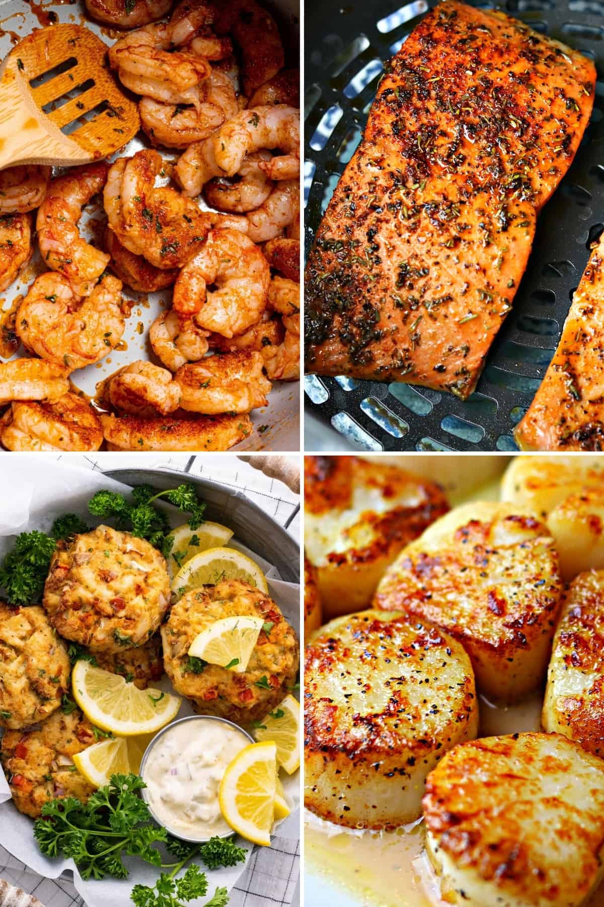 keto shrimp, scallops, salmon, and crab cakes