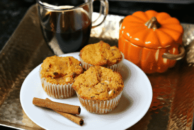 Keto Pumpkin Spice Muffins on a tray with cinnamon sticks and coffee