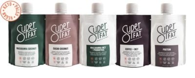 5 individual packages of Super-Fat brand flavored Keto Nut Butter
