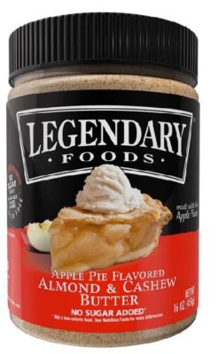 A jar of Legendary Foods brand Apple Pie flavored Almond and Cashew Butter