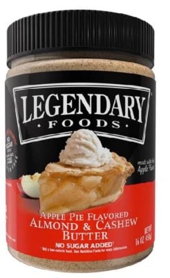 A jar of Legendary Foods brand Apple Pie flavored Almond and Cashew Butter