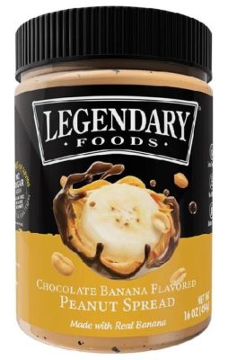 A jar of Chocolate Banana flavored Legendary Foods Peanut Spread