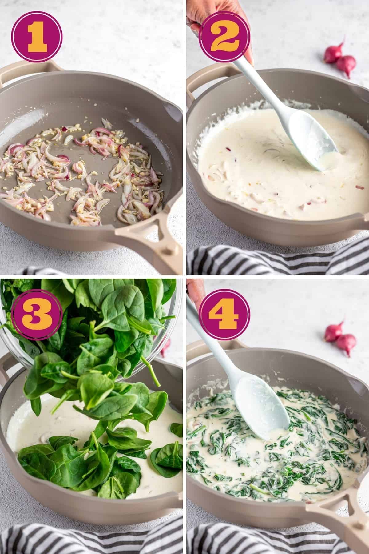 a step-by-step photo tutorial for how to make creamed spinach in four easy steps