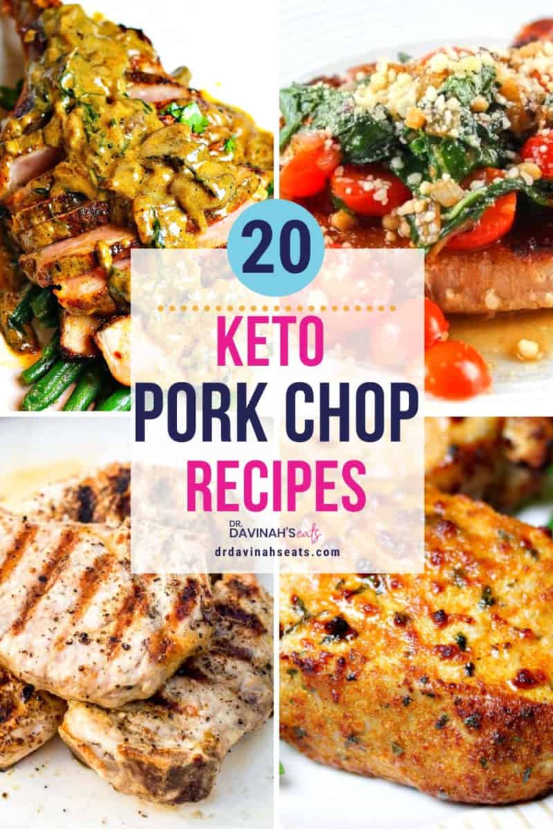 pinterest image for keto pork chop recipes like cast iron pork chops, garlic butter pork chops, grilled pork chops and air fryer pork chops