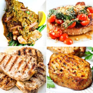 keto pork chop recipes like cast iron pork chops, garlic butter pork chops, grilled pork chops and air fryer pork chops