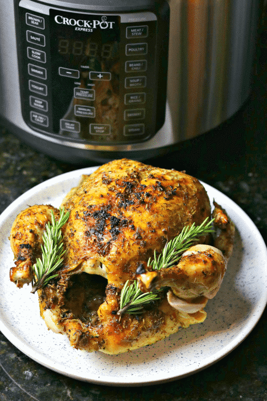 Crisped Pressure Cooker Whole Chicken on a plate