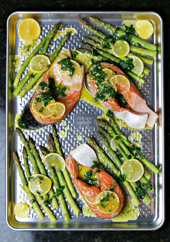 Salmon Steaks on a sheet pan with asparagus and lemon