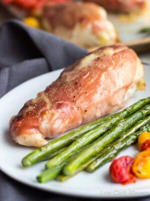 prosciutto wrapped sheet pan chicken on a plate