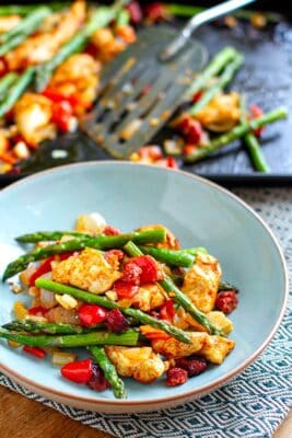 chicken and chorizo sheet pan dinner in a bowl