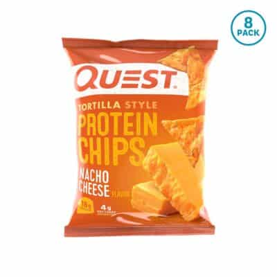 1 bag of Quest Nacho Cheese Low-Carb Tortilla Chips (\"8 pack\" tag in a blue circle) 