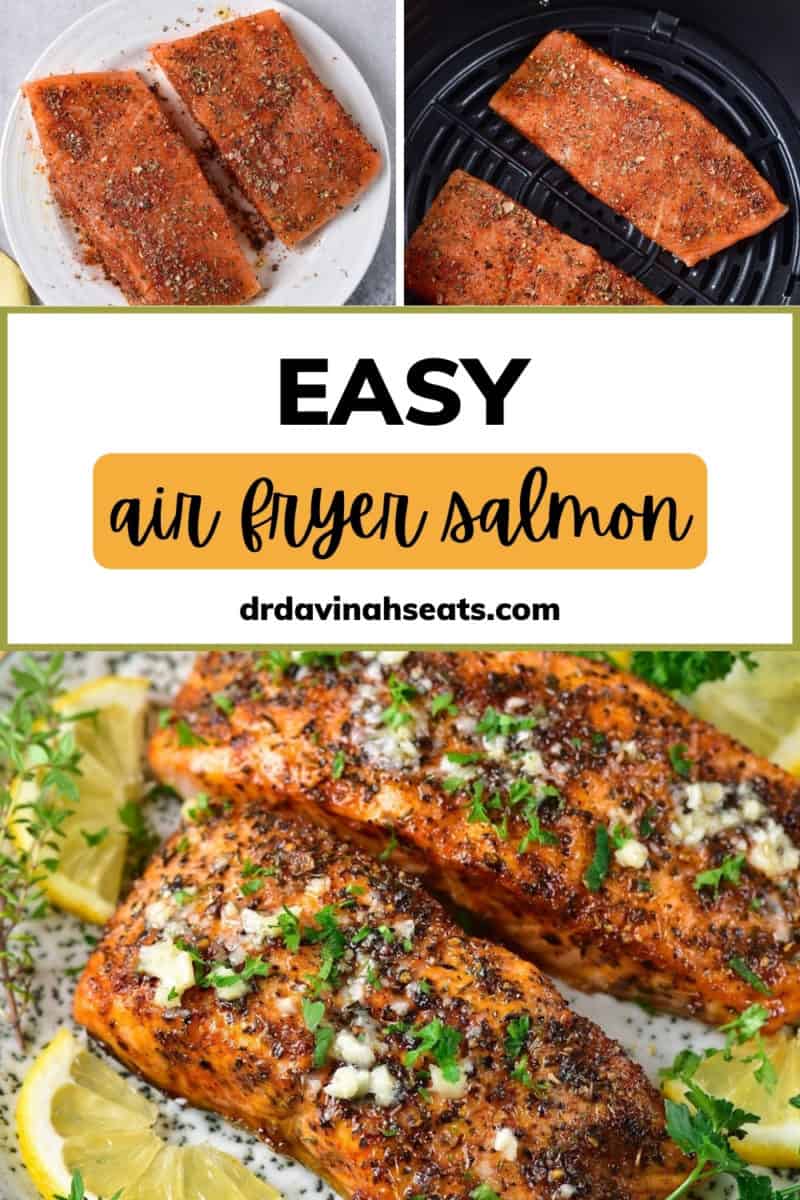 A poster with a picture of raw salmon on a plate, a picture of raw salmon in an air fryer, a picture of cooked salmon on top of lemon slices and topped with parsley, and a banner that reads, "Easy air fryer salmon"