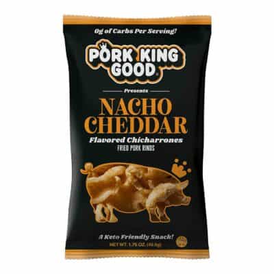 A bag of Pork King Good Nacho Cheddar Pork Rinds