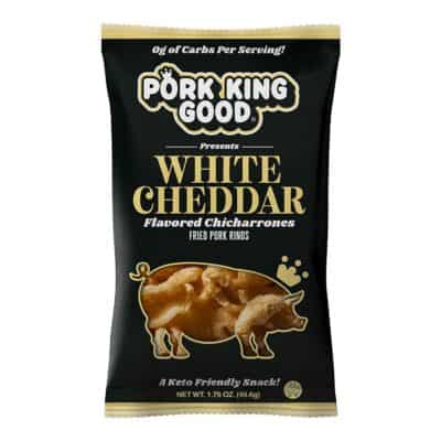 A bag of Pork King Good White Cheddar Pork Rinds