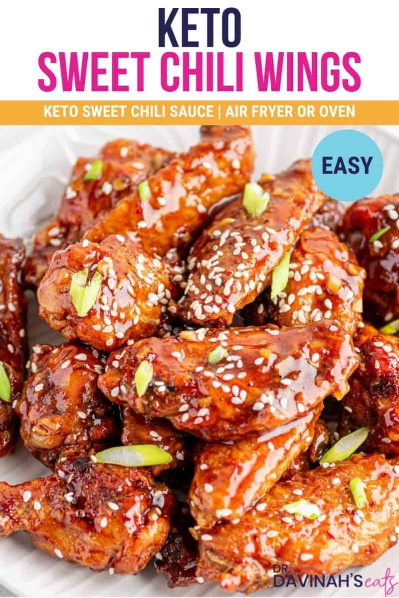 keto sweet chili wings on a plate with the words keto sweet chili sauce, easy, air fryer and oven directions