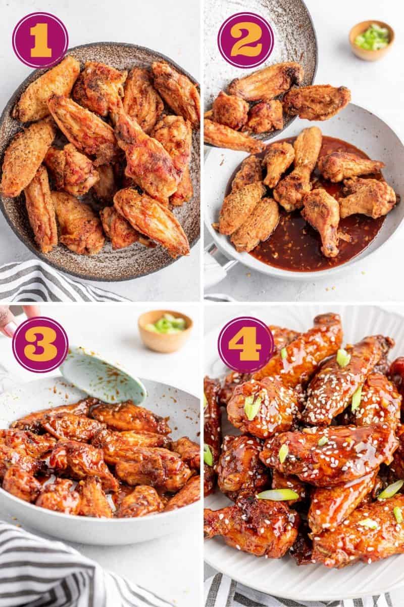 collage of how to make keto sweet chili wings in four steps