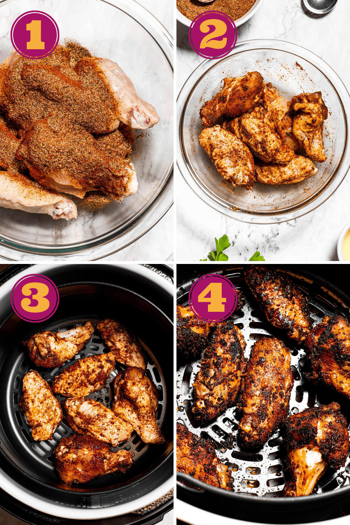 Four pictures numbered one through four: first, a bowl of chicken wings with a pile of dry rub on top; second, a bowl of raw wings covered in dry rub; third, dry rub-coated raw wings in an air fryer basket; and fourth, cooked wings in an air fryer basket