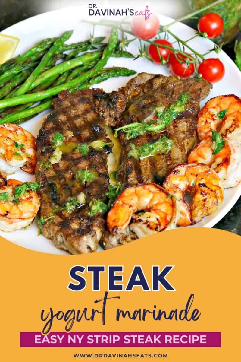 new york strip steak cooked on a plate topped with homemade chimichurri