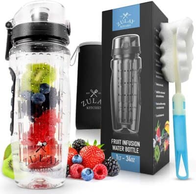 a product photo of a Zulay Water bottle (with juice infuser), box, bottle brush, and a pile of delicious looking berries