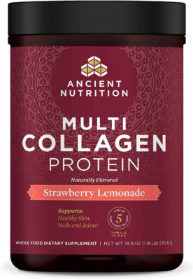 A close up of a bottle of Ancient Nutrition Collagen Protein in the Strawberry Lemonade flavor