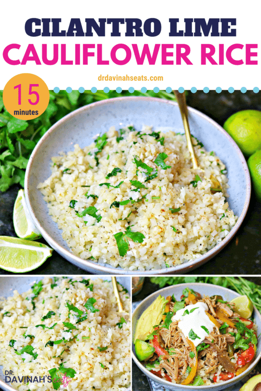 pinterest image for cilantro lime cauliflower rice