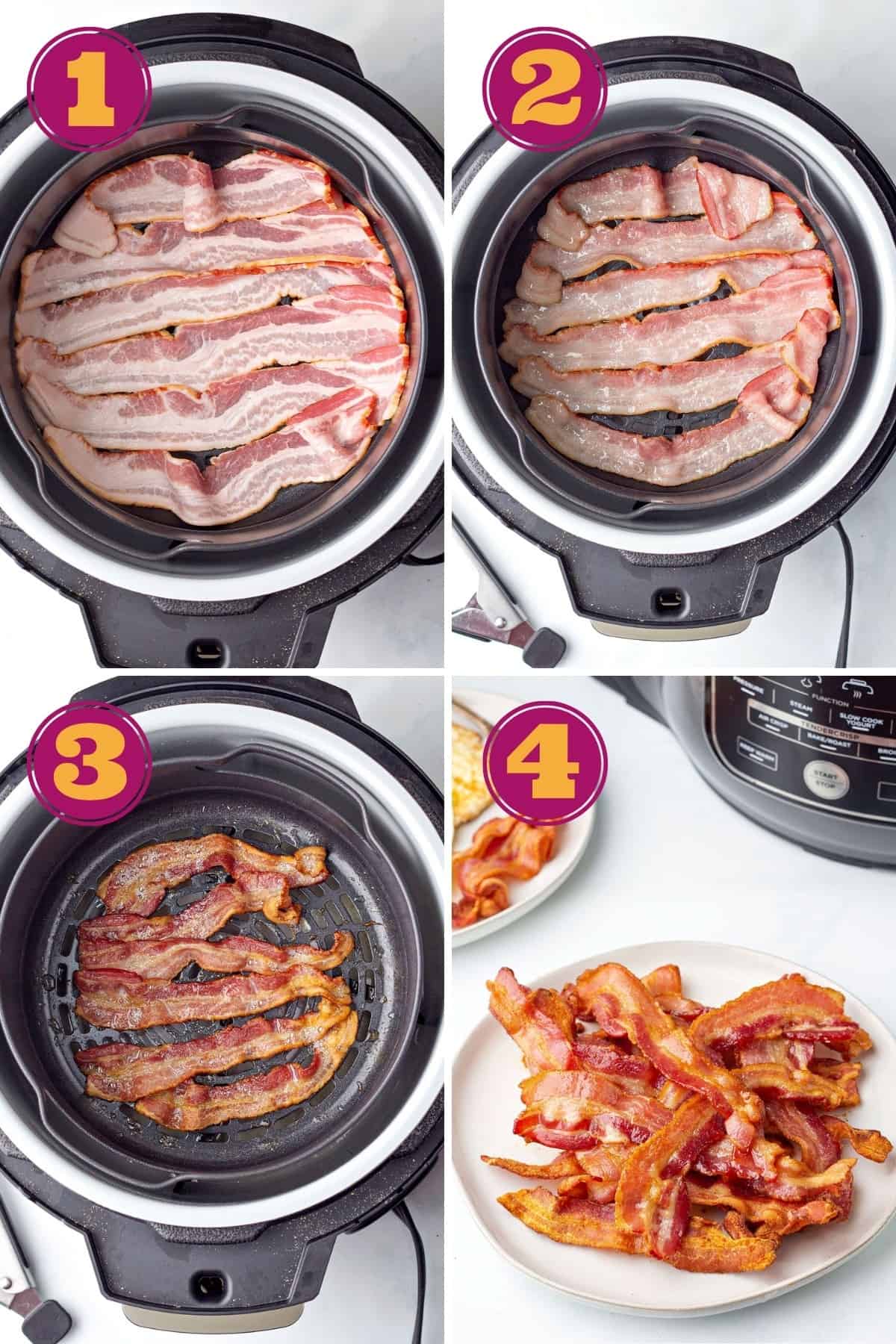 Four numbered pictures: first, an air fryer filled with uncooked bacon; second, an air fryer filled with partially-cooked bacon; third, an air fryer filled with cooked bacon; and fourth, a plate full of cooked bacon, with an air fryer in the background, and a plate of bacon and eggs in the background