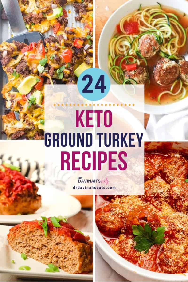 pinterest image for keto ground turkey recipes like air fryer meatballs, turkey meatloaf, turkey soup, and turkey nachos