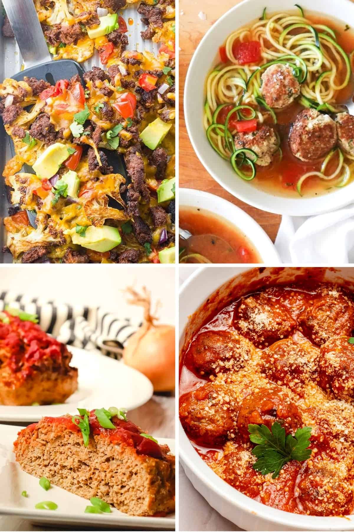 keto ground turkey recipes like air fryer meatballs, turkey meatloaf, turkey soup, and turkey nachos