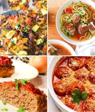 keto ground turkey recipes like air fryer meatballs, turkey meatloaf, turkey soup, and turkey nachos