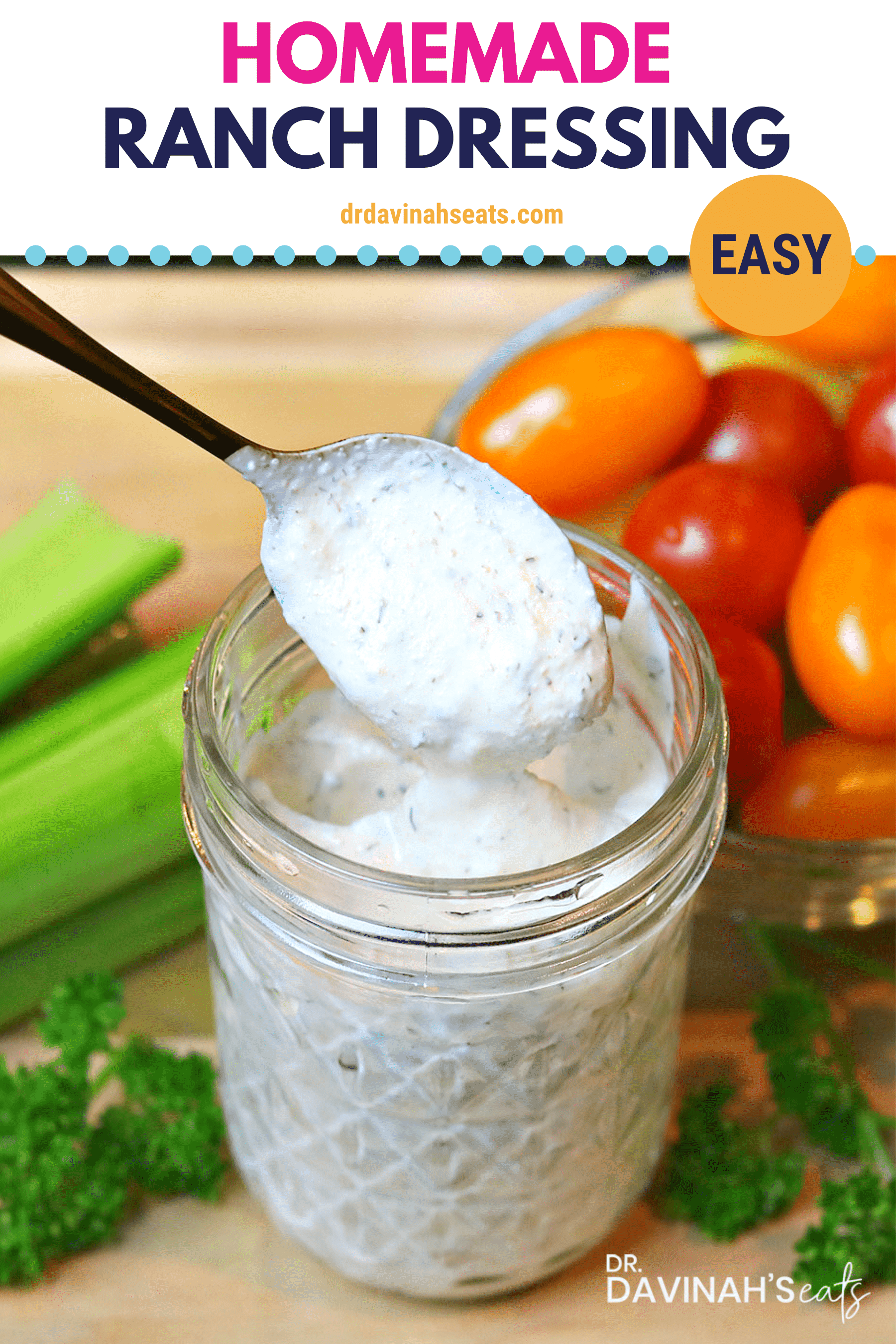 Low-Carb Keto Ranch Dressing in a glass jar with a spoon.