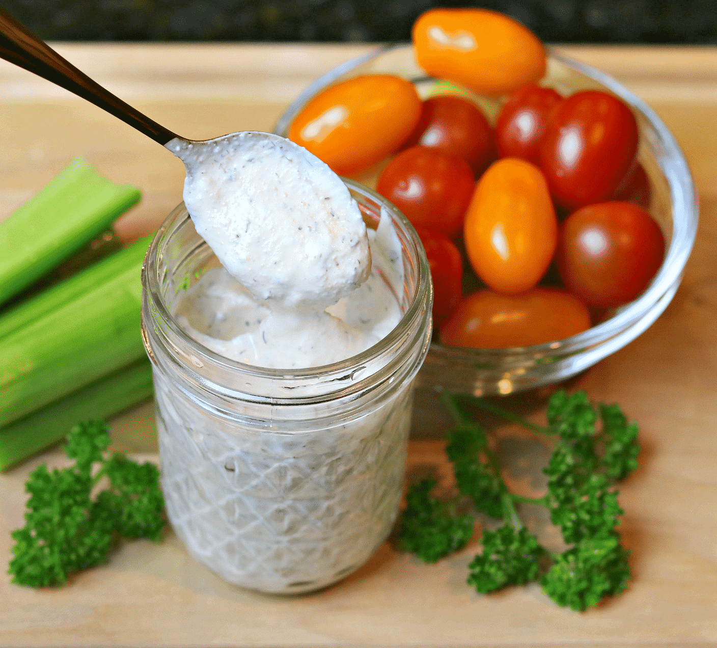 ranch dressing in a jar with vegetables