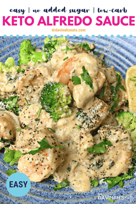 pinterest image with shrimp Alfredo on a plate