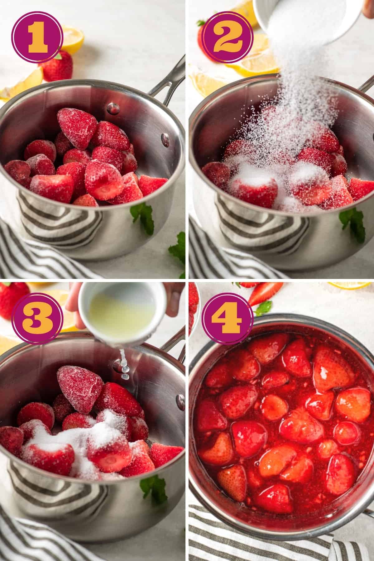 step-by-step instructions for how to make easy keto strawberry sauce in a sauce pan 