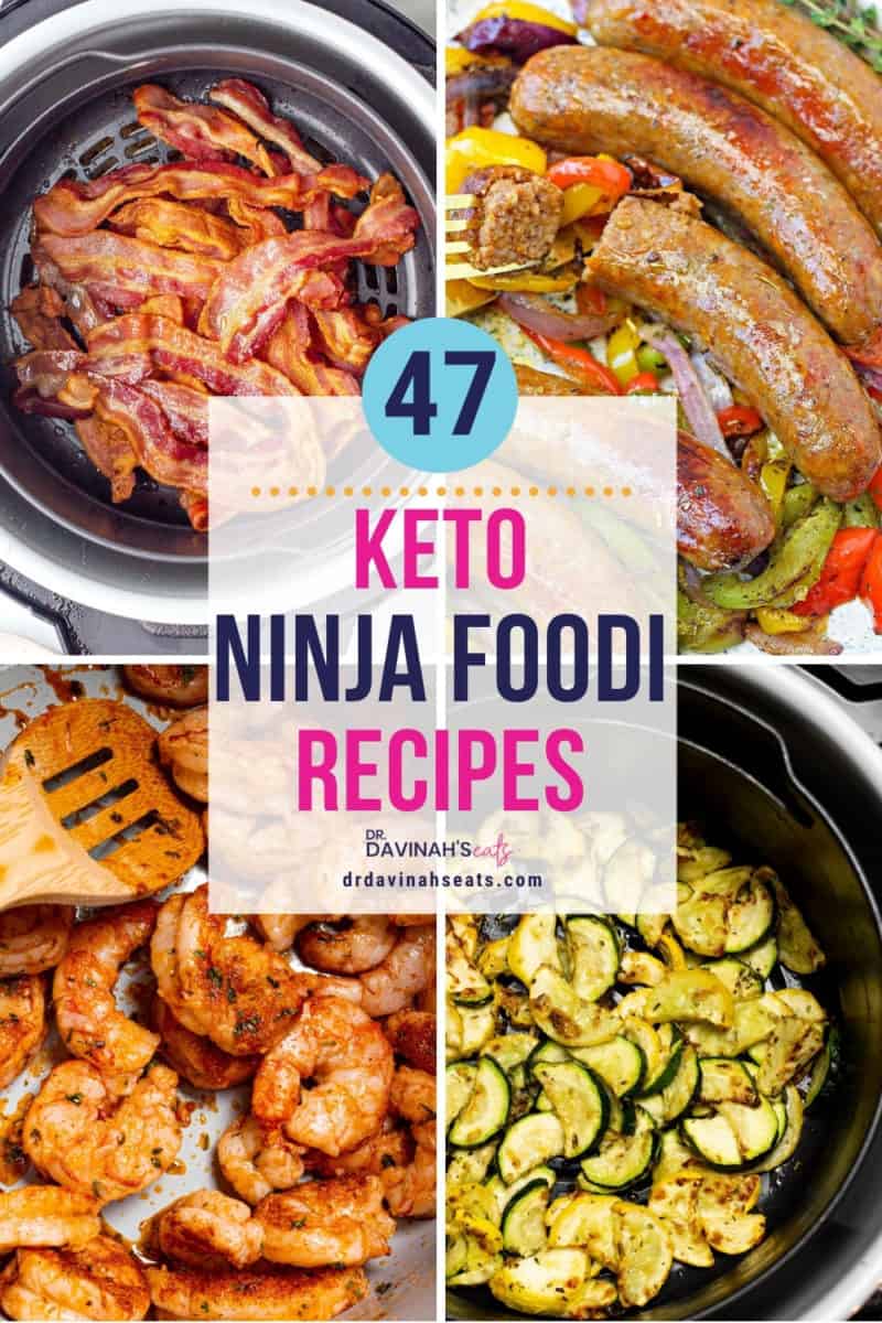 pinterest image for keto Ninja Foodi recipes like air fryer bacon, air fryer Italian sausage, cajun shrimp, and air fryer squash