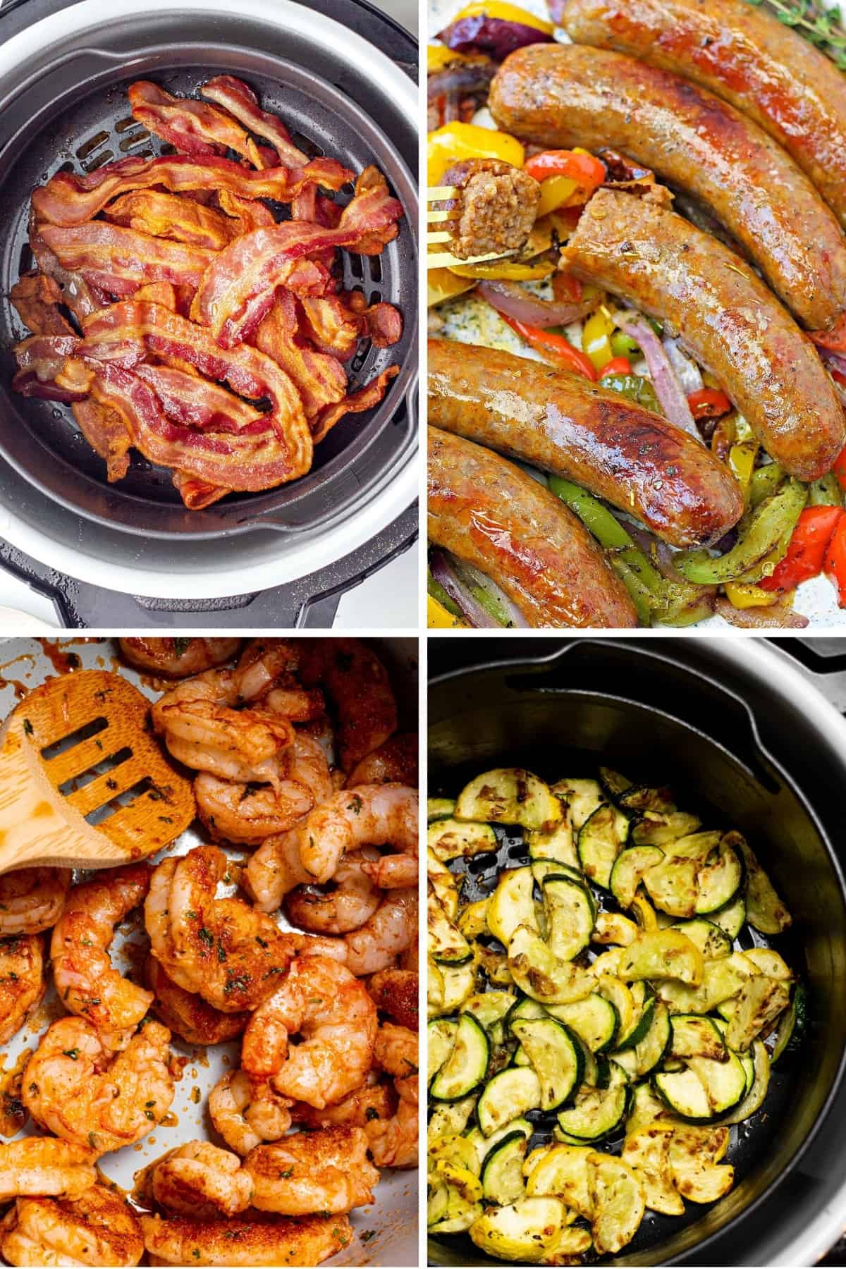 keto Ninja Foodi recipes like air fryer bacon, air fryer Italian sausage, cajun shrimp, and air fryer squash