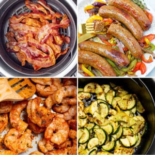 keto Ninja Foodi recipes like air fryer bacon, air fryer Italian sausage, cajun shrimp, and air fryer squash