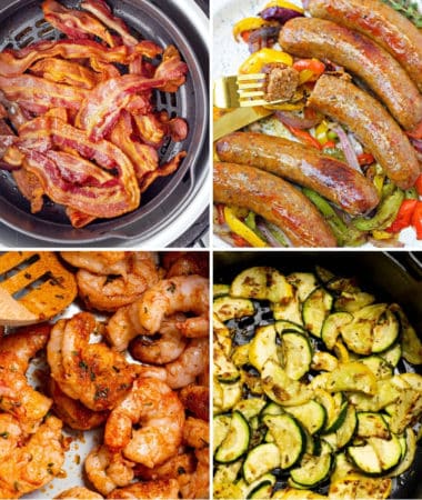keto Ninja Foodi recipes like air fryer bacon, air fryer Italian sausage, cajun shrimp, and air fryer squash