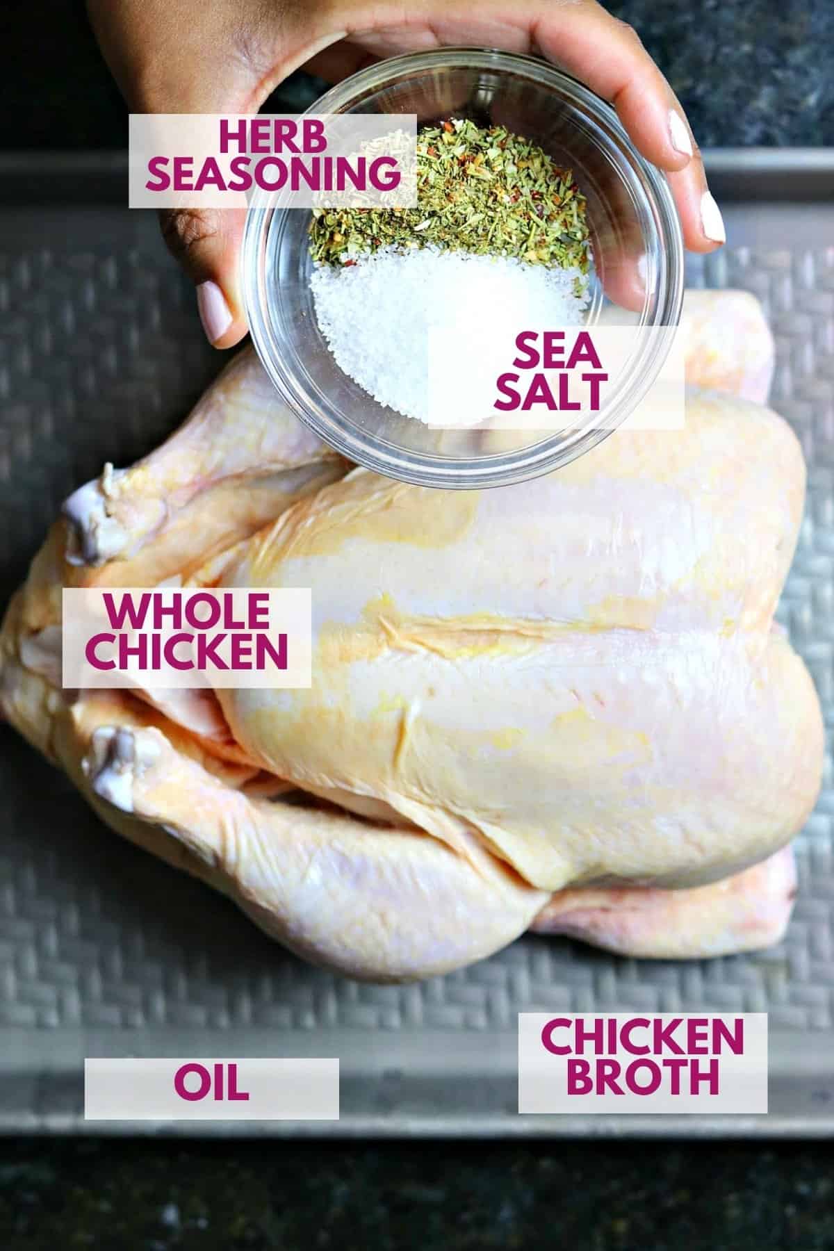 text overlay labeled photo of the ingredients needed to make pressure cooker whole chicken 