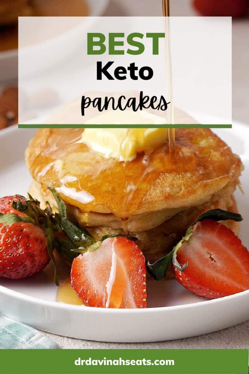 Poster with a picture of a stack of pancakes next to strawberries with a banner that says "Best Keto Pancakes"
