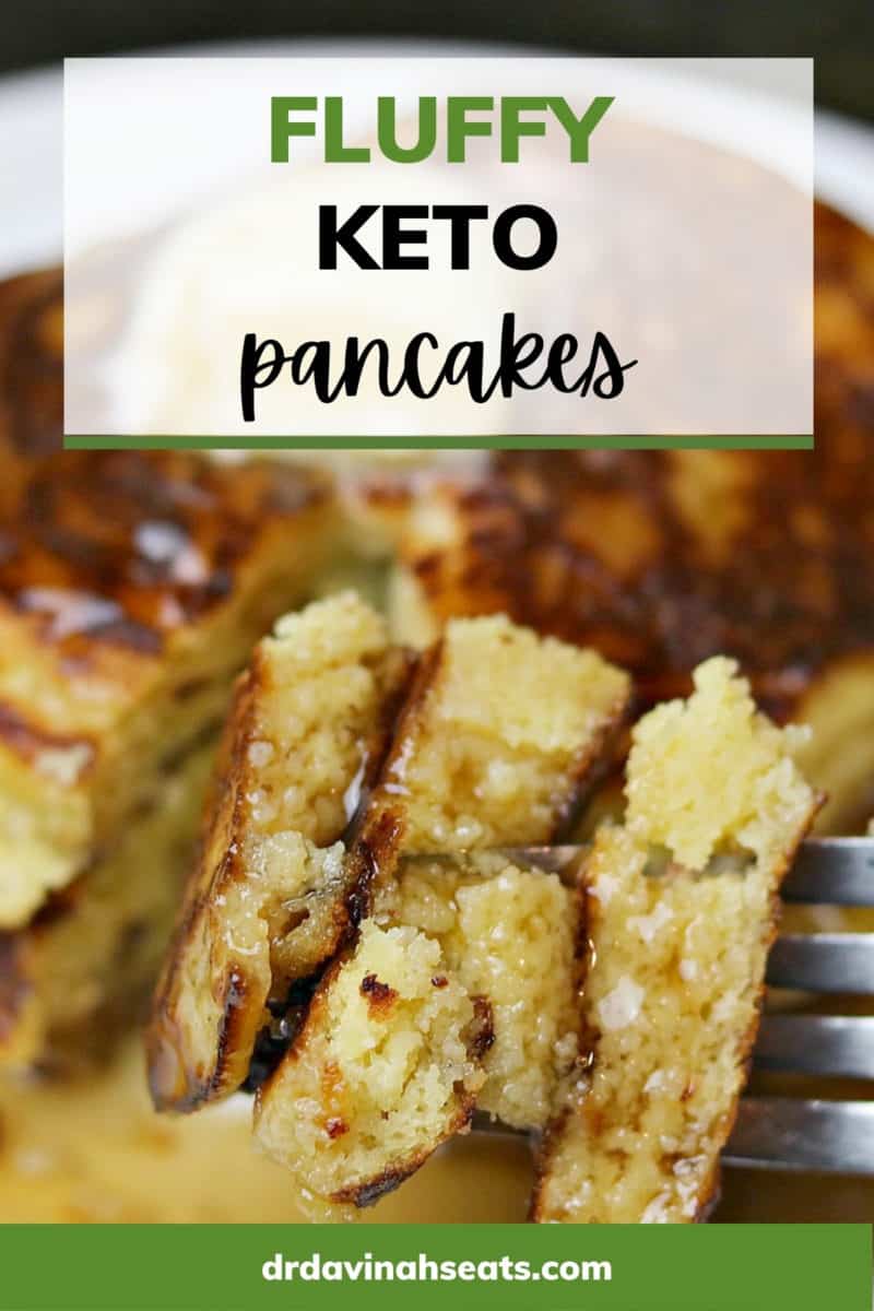Poster with a picture of a fork filled with a bite of pancakes, with a banner that says "Fluffy Keto Pancakes"